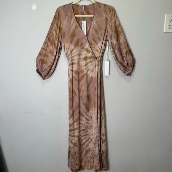 🍁NWT Young Fabulous and Broke YFB Siren Shirt Wrap Midi Dress Adobe Rose Spin XS - Picture 2 of 16